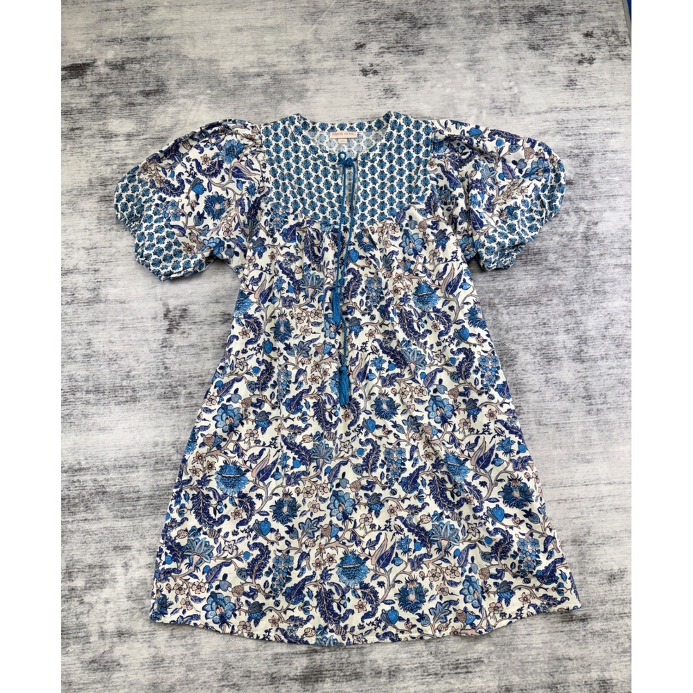 Knox Rose Blue Floral Puff Sleeve Boho Mini Dress Small Tassel Tie Split Neck
